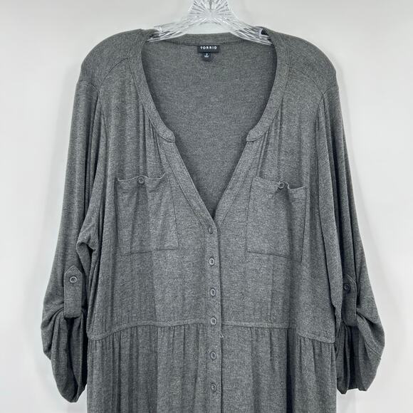 Torrid Gray Button Front Midi Dress Soft Tab Sleeve Pockets Womens Size 2 (2x) - Picture 4 of 12